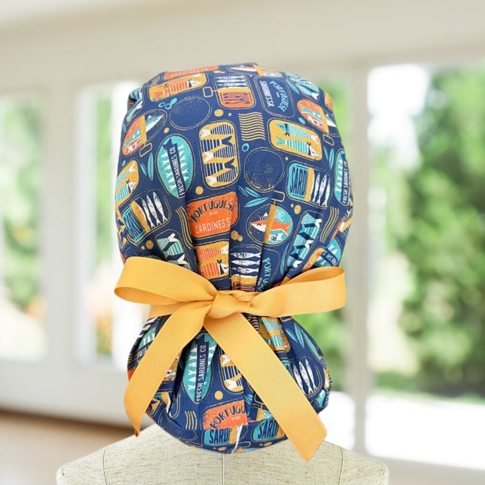 Sardines~ Ponytail Scrub Cap, Surgical Hat, OR, CNA, Cap, CRNA, Gift